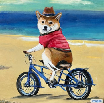 Ein Ki-generiertes Bild, das einen Shiba Inu Hund mit einem Hut auf einem Fahrrad am Strand zeigt