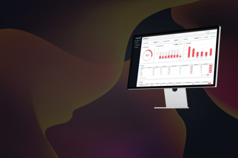 Ein Apple Studio Display mit dem Dashboard von fraud0 auf einem farbigen Hintergrund
