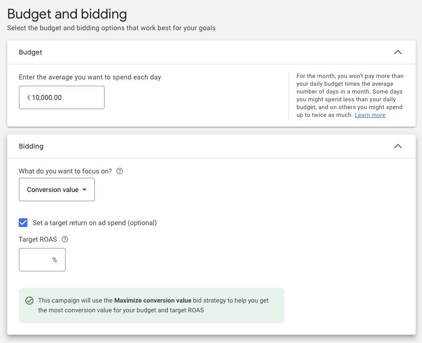 Screenshot Google Performance Max. Einstellungen zu Budget und Gebotsstrategie