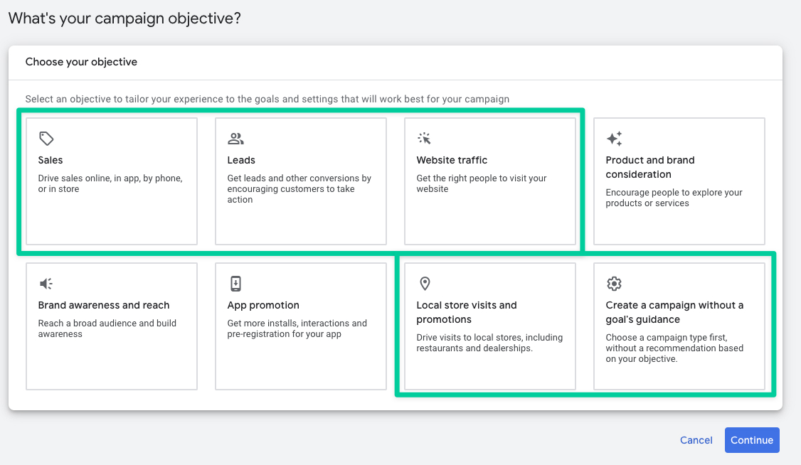 Screenshot Google Performance Max Dashboard der Zielsetzung für die Kampagne