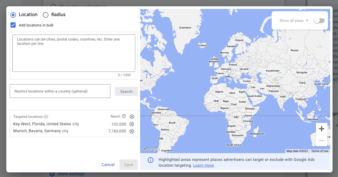Screenshot Google Performance Max. Einstellungen zur geografischen Anzeige der Werbekampagne