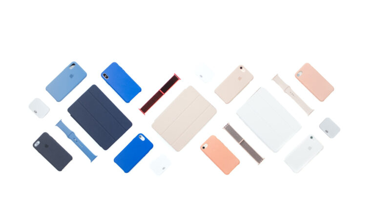 Verschiedene Geräte in verschiedenen Farben von Apple auf weißem Hintergrund. Darunter iPhones, iPads und Apple Watches