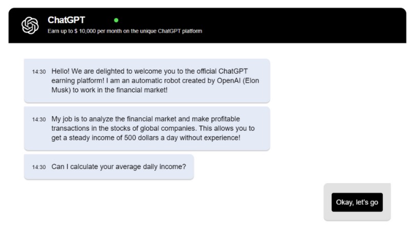 Screenshot einer gefälschten ChatGPT-Plattform, die leichtgläubige Investoren von einer Geldanlage überzeugen will