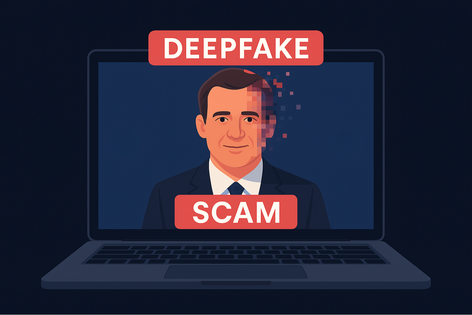 Illustration of a laptop screen showing a man in a suit whose face is partly pixelated, symbolizing a deepfake. Red labels read ‘Deepfake’ at the top and ‘Scam’ at the bottom, highlighting the risk of AI-generated fraud.