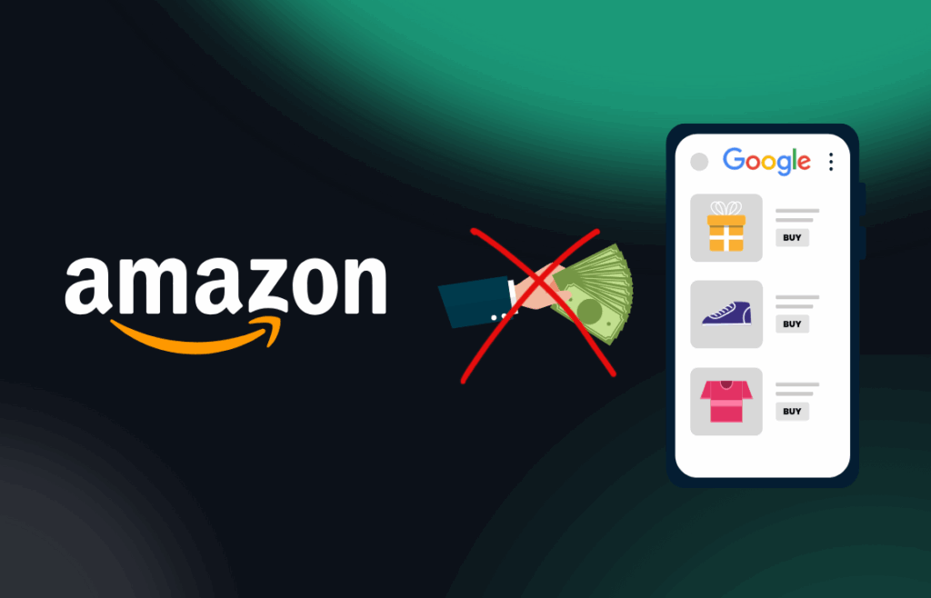 Graphic showing the Amazon logo on the left, a red crossed-out hand holding cash in the center, and a smartphone screen with Google search results for products and ‘Buy’ buttons on the right. The image suggests Amazon stopping or withdrawing ad spending on Google.