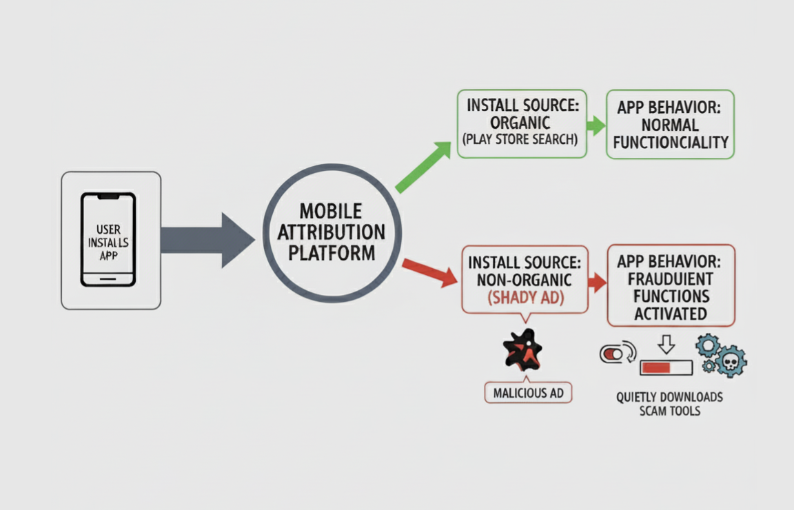 Flowchart showing how app installs are tracked through a mobile attribution platform. Organic installs from sources like Play Store search lead to normal app functionality. Non-organic installs from shady ads lead to fraudulent behavior, where the app quietly downloads scam tools.”