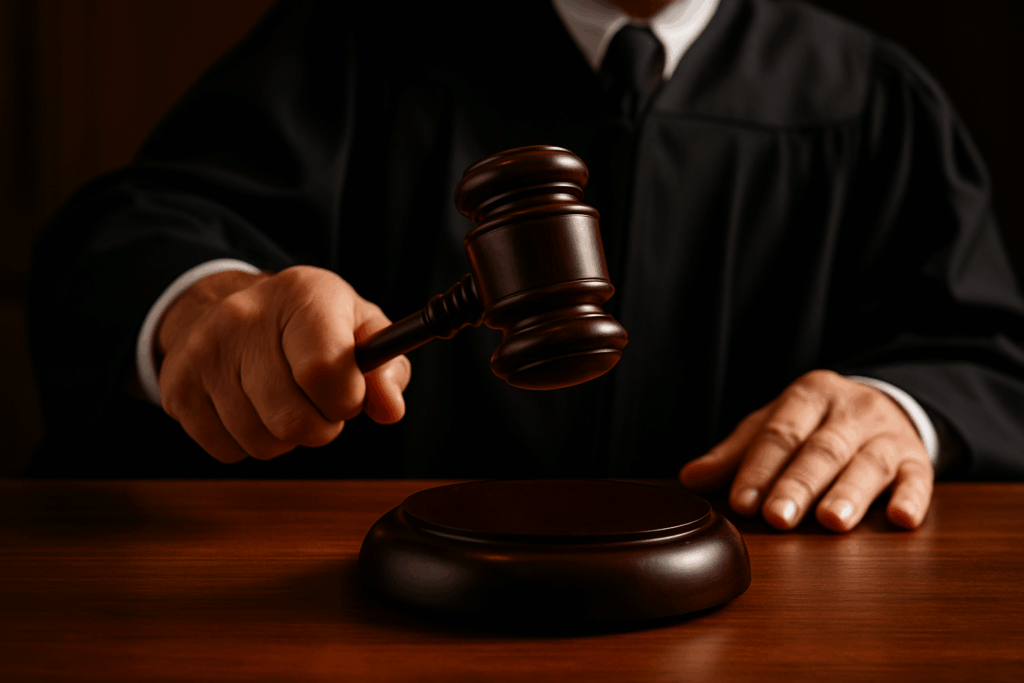Close-up of a judge striking a wooden gavel on a sound block in a courtroom, symbolizing justice and legal decisions