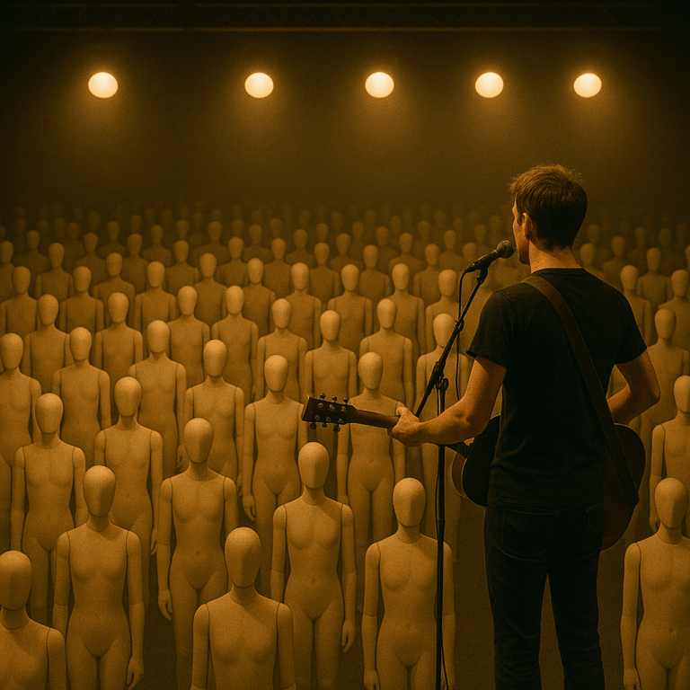 A musician performs on stage with a guitar, facing an audience of blank, featureless mannequins standing still with their arms at their sides under warm stage lights.