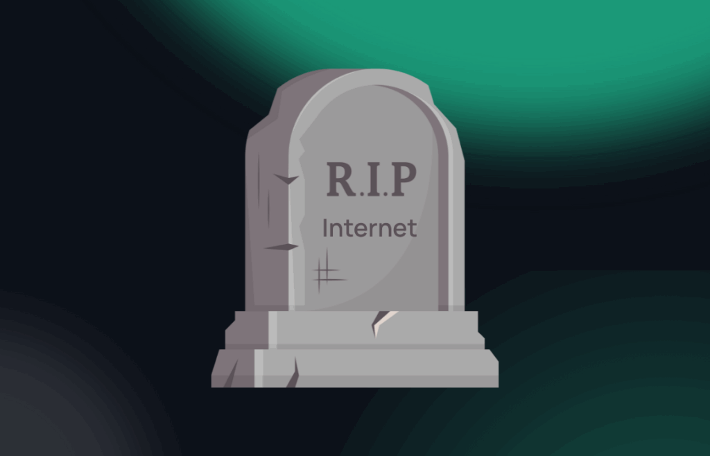 Illustration of a gravestone with “R.I.P Internet” engraved, symbolizing the idea of the internet’s decline or the “dead internet” theory.