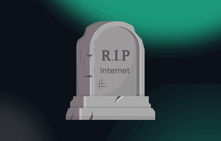Illustration of a gravestone with “R.I.P Internet” engraved, symbolizing the idea of the internet’s decline or the “dead internet” theory.