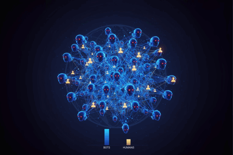 Illustration of a connected network where glowing blue robot heads vastly outnumber the small yellow human icons, symbolizing an internet dominated by bots.