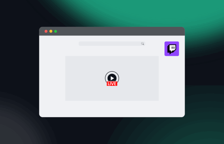 Illustration of a web browser window showing a video player with a red ‘LIVE’ badge. The Twitch logo appears on the right side, suggesting a live stream on the platform.