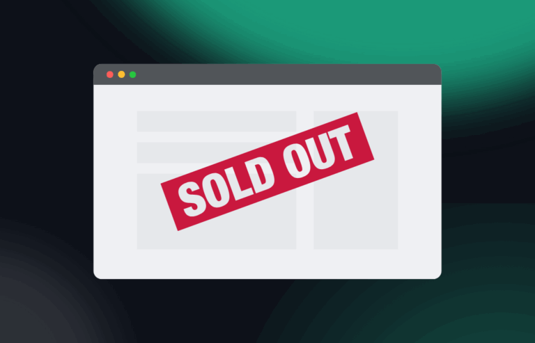 Illustration of a web browser window with a large red ‘SOLD OUT’ stamp across it, symbolizing tickets or products being unavailable, often due to bots buying them up.